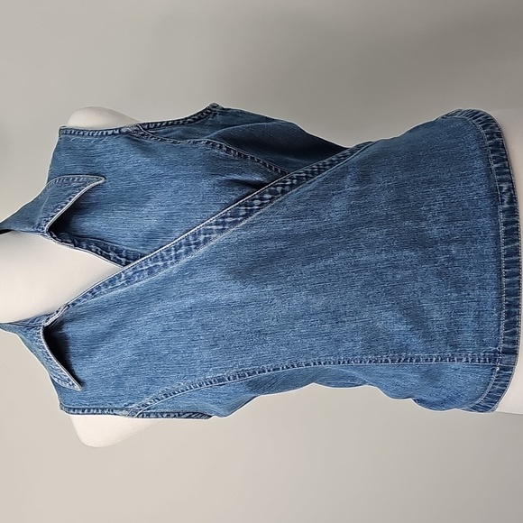 Ann Taylor Jeans Blue Jean Denim Wrap Blouse Sleeveless‎ w Collar - Picture 8 of 9